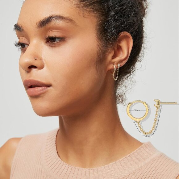 Elegant 18K Gold Plated Sterling Silver Double Piercing Chain Earrings with Cubi - Picture 6 of 7